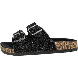 ⚡Women's Black Flat Bottomed Diamond Sequin Metal Button Plus Size Slippers